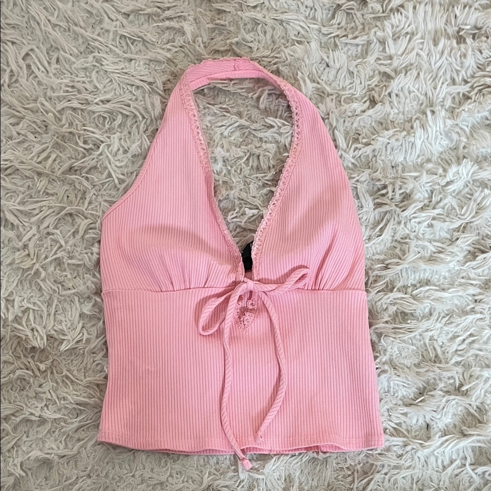 Windsor Pink Ribbed Halter Tie-Front Camisole